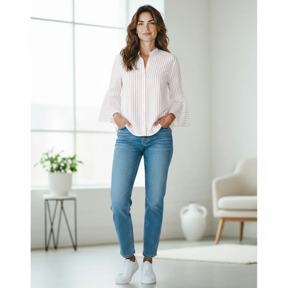 CHAPS Bell Sleeve Button Down Women’s Blouse, Linen&Cotton, Red/White, Large - Picture 11 of 11